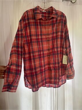 LA MIEL pink blue Plaid Button long sleeve outdoor cool 100% cotton natural
